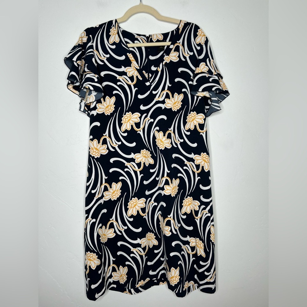 Ann Taylor Navy Sheath Dress with Yellow and White Floral Print Size 12 Spring